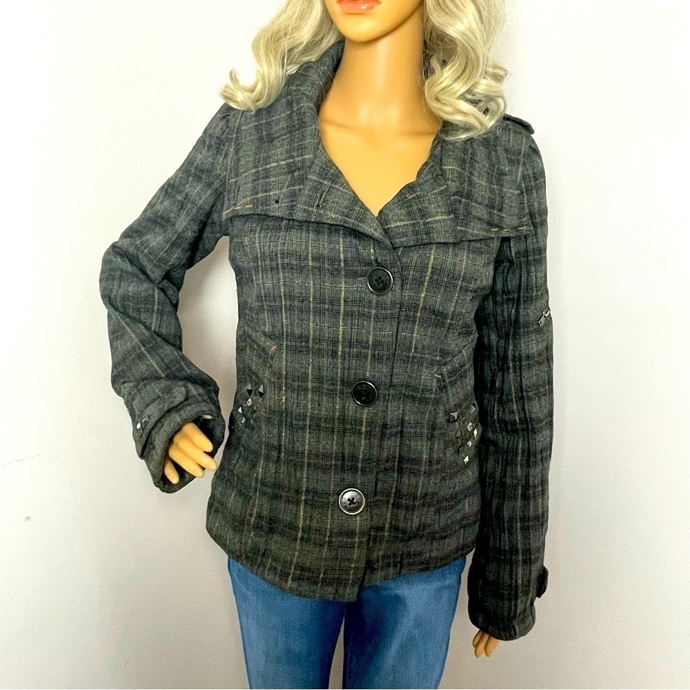 BKE Military-Style Bomber Jacket – Gray & Yellow  Size: Small